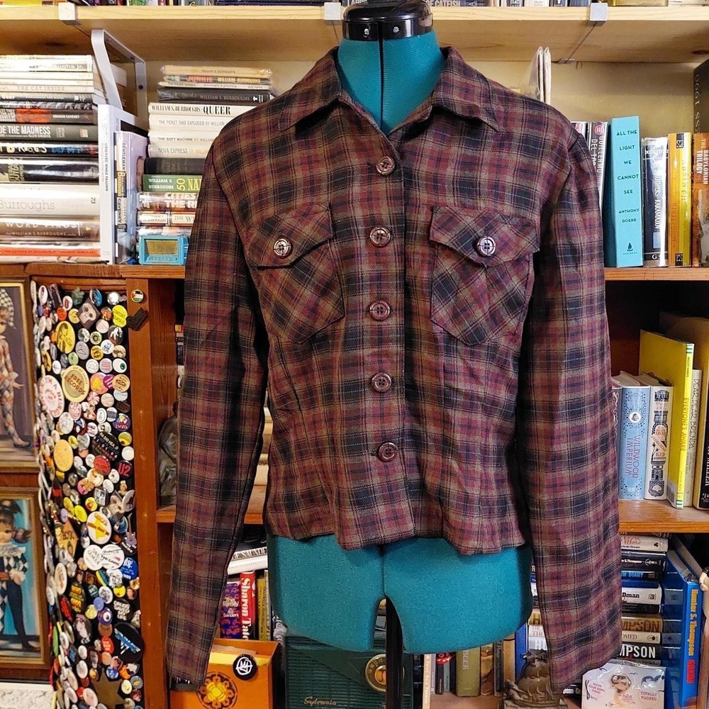 Vintage Star CCC Plaid Button Up Shirt Brown Black Cropped 90s Large Made in USA